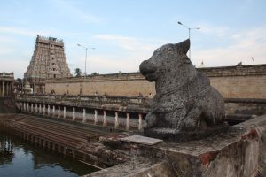 Chidambaram Nataraja temple, view across the Shivaganga tirtha to the East Gopuram