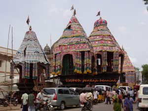 Chidambaram three festival chariots all decked out for the great festival, Nataraja, Sivakamasundari, Chandikeshvara